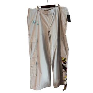 NWT ED HARDY Women’s Butterflies Poplin Cargo Pant Light Gray Size XL Streetwear